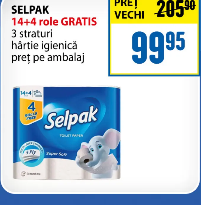 Туалетная бумага SELPAK, 3 слоя, 14+4 рулона бесплатно, цена за упаковку