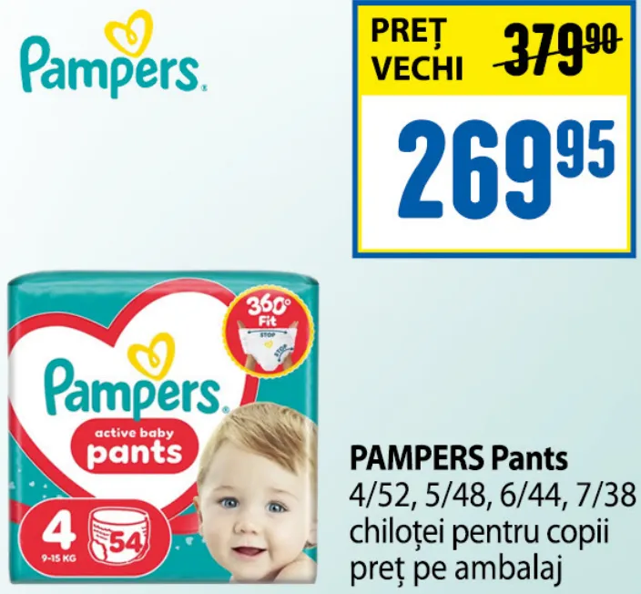 Подгузники-трусики PAMPERS Pants: размер 4 — 52 шт., 5 — 48 шт., 6 — 44 шт., 7 — 38 шт.; цена за упаковку