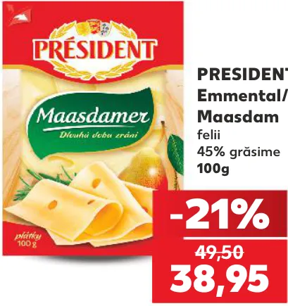 PRESIDENT Сыр Emmental/Maasdam, нарезка, 45% жирности, 100 г