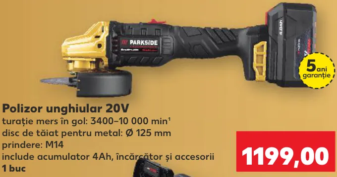 Угловая шлифовальная машина, 20 В; частота вращения на холостом ходу: 3400–10 000 мин⁻¹; отрезной диск по металлу: Ø 125 мм; крепление: M14; аккумулятор 4 А·ч, зарядное устройство и аксессуары в комплекте; 1 шт.