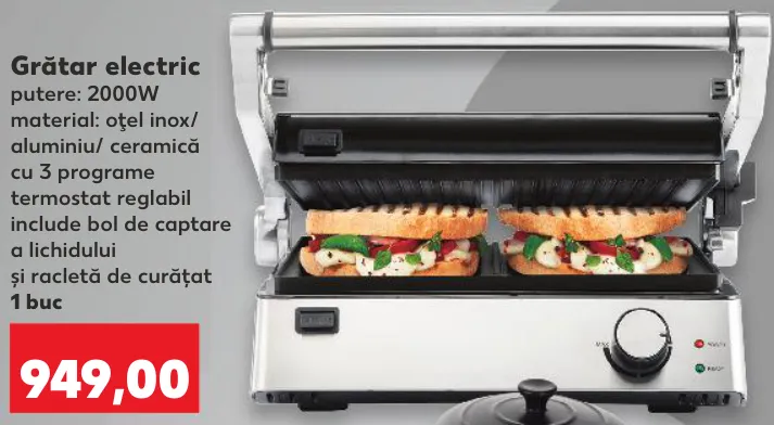 Grătar electric; putere: 2000 W; material: oțel inoxidabil/aluminiu/ceramică; 3 programe; termostat reglabil; include tavă de colectare a lichidului și racletă de curățare; 1 buc.