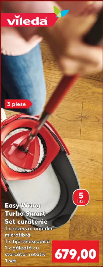 Vileda Easy Wring Turbo Smart, набор для уборки: 1 сменная насадка для швабры из микрофибры, 1 телескопическая ручка, 1 ведро объёмом 5 л с вращающимся отжимом; набор из 3 предметов