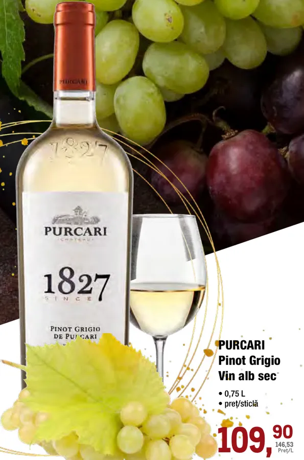 PURCARI Pinot Grigio — vin alb sec, 0,75 L