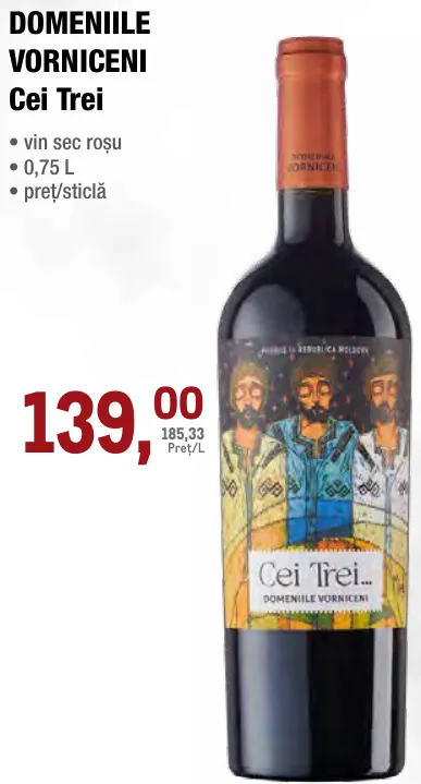 DOMENIILE VORNICENI Cei Trei, vin sec roșu, 0,75 L