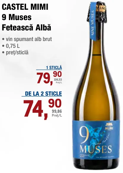 CASTEL MIMI 9 Muses Fetească Albă — vin spumant alb brut, 0,75 L