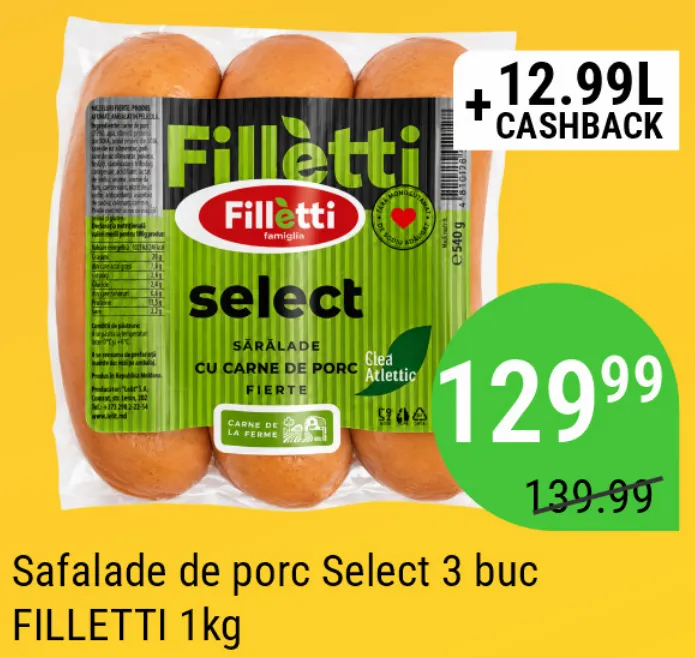 Сардельки свиные Select FILLETTI, 1 кг; 3 шт.
