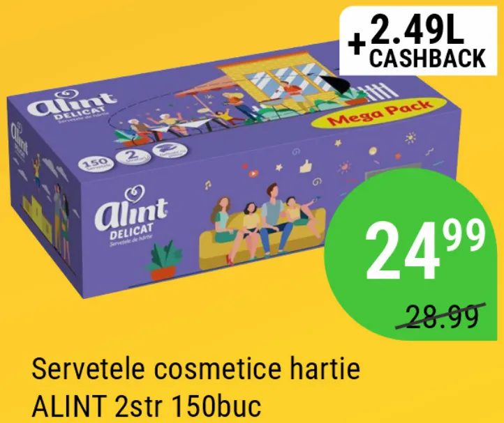 Șervețele cosmetice din hârtie ALINT, 2 straturi, 150 buc.