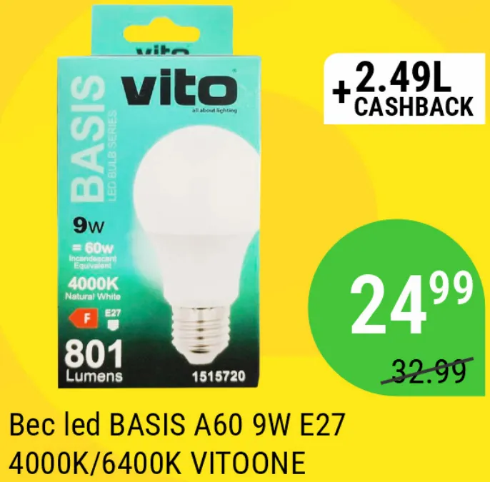 Світлодіодна лампа VITOONE BASIS A60, 9 Вт, E27, 4000K/6400K