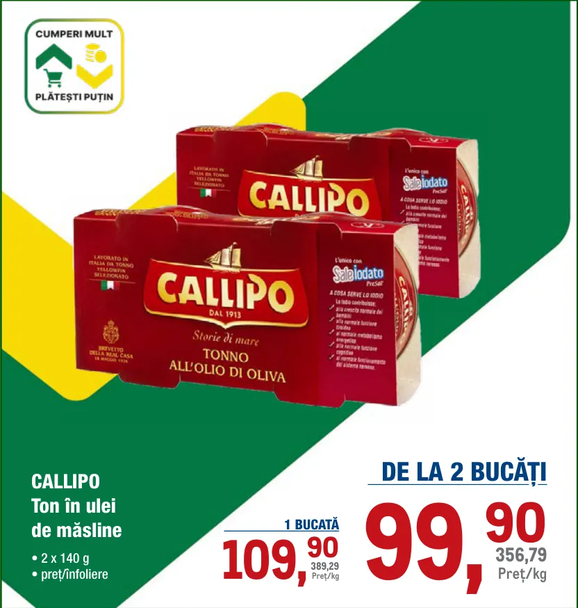 CALLIPO Ton în ulei de măsline, 2 x 140 g