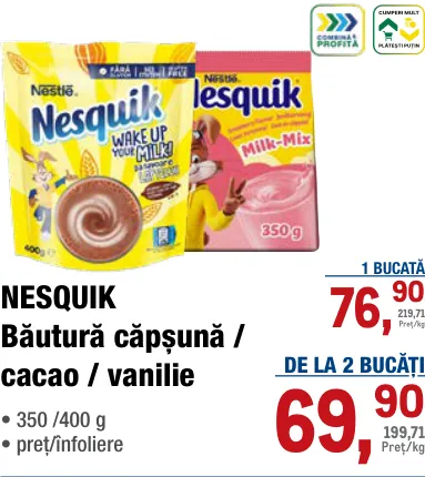 NESQUIK băutură: căpșună / cacao / vanilie, 350 / 400 g