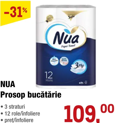 Кухонні паперові рушники NUA, 12 рулонів