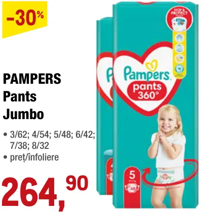 PAMPERS Pants Jumbo scutece-chiloțel 3/62; 4/54; 5/48; 6/42; 7/38; 8/32