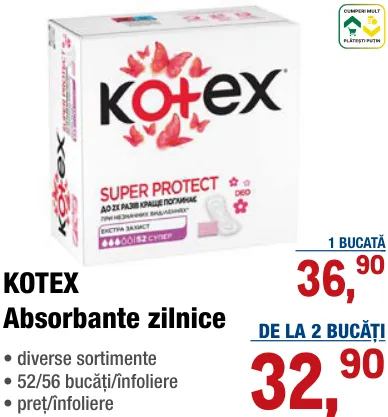 KOTEX Absorbante zilnice 52/56 bucăți/înfoliere