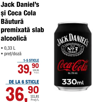 Jack Daniel’s și Coca Cola Băutură premixată slab alcoolică, 0,33 L