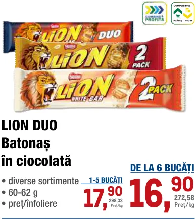 LION Duo — Batonaș în ciocolată, 60–62 g