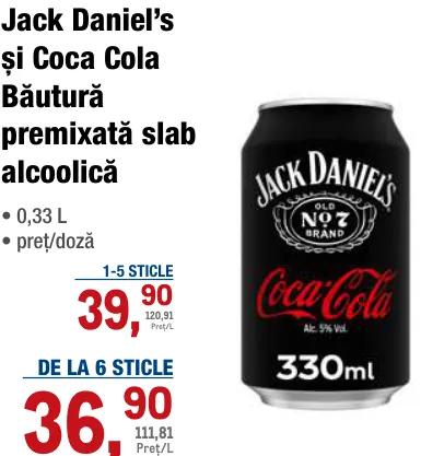 Jack Daniel’s și Coca Cola Băutură premixată slab alcoolică, 0,33 L