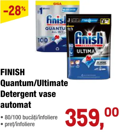 FINISH Quantum/Ultimate detergent pentru mașina de spălat vase, 80/100 bucăți/ambalaj