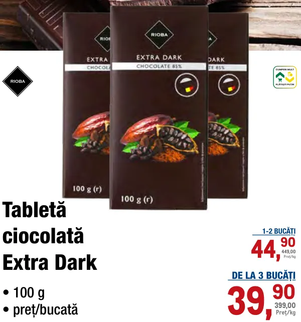 Tabletă de ciocolată extra neagră RIOBA, 100 g