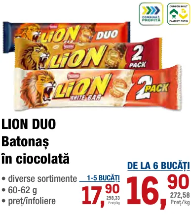 Batonaș în ciocolată LION Duo, 60–62 g