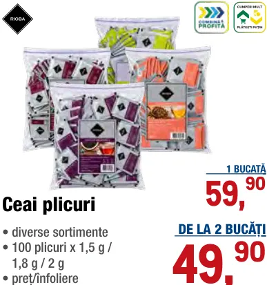 Ceai la plicuri RIOBA, 100 x 1,5 g / 1,8 g / 2 g