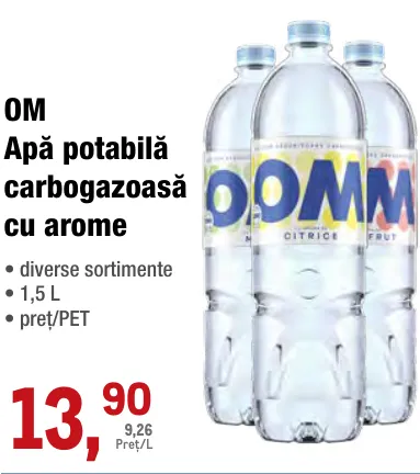 Apă potabilă carbogazoasă cu arome OM, 1,5 L