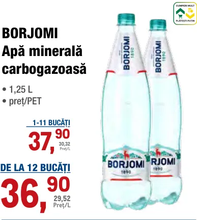 Apă minerală carbogazoasă BORJOMI, 1,25 L