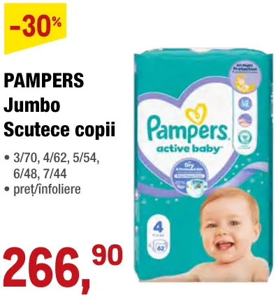 PAMPERS Scutece pentru copii Jumbo, 70/62/54/48/44 bucăți