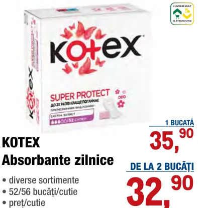 KOTEX Щоденні прокладки, 52/56 штук у коробці