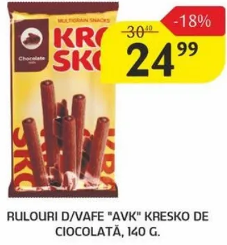 Rulouri de vafe „AVK” Kresko de ciocolată, 140 g