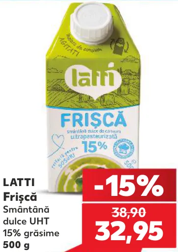 LATTI Ультрапастеризовані вершки, 15% жирності, 500 г