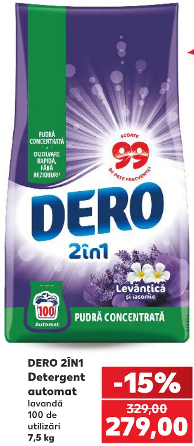 Dero 2în1 detergent automat, lavandă, 7,5 kg
