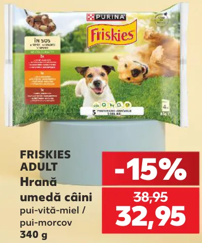 FRISKIES ADULT Hrană umedă pentru câini, pui-vită-miel / pui-morcov, 340 g