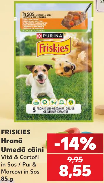 FRISKIES Hrană umedă pentru câini, vită și cartofi în sos / pui și morcovi în sos, 85 g