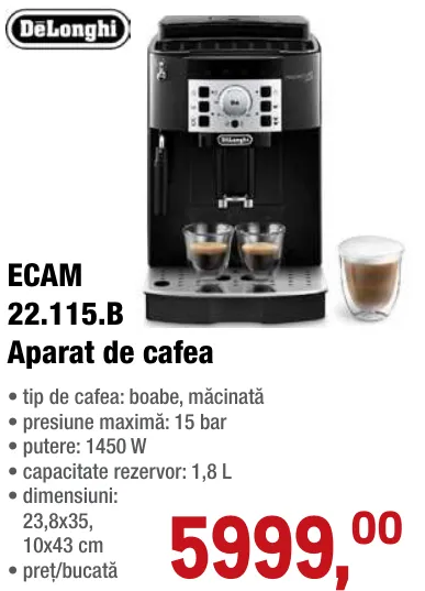 Кофемашина DeLonghi ECAM 22.115.B, 1,8 л