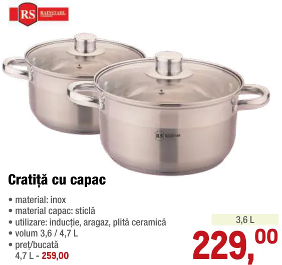 Cratiță cu capac Rainstahl, 3,6 L
