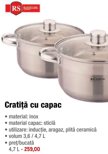 Cratiță cu capac Rainstahl, 4,7 L