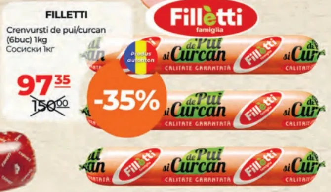 FILLETTI Crenvurști de pui/curcan (6 buc), 1 kg