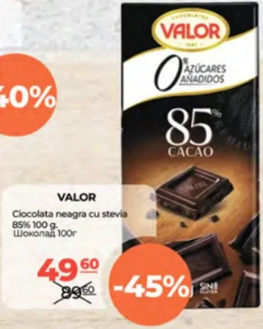 Ciocolată neagră cu stevia 85% VALOR, 100 g