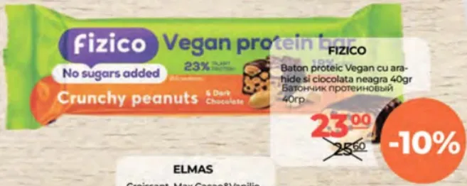Baton proteic vegan cu arahide și ciocolată neagră FIZICO, 40 g