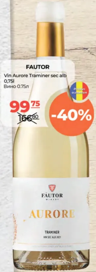 Vin alb sec Aurore Traminer Fautor, 0.75 l