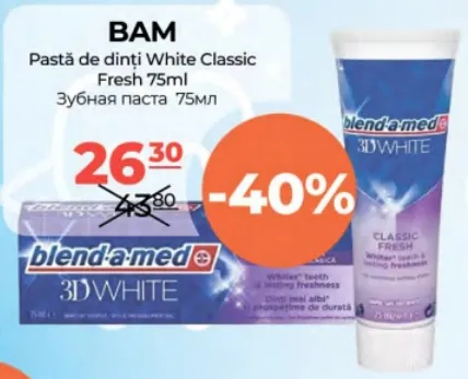 Pastă de dinți BAM White Classic Fresh, 75 ml