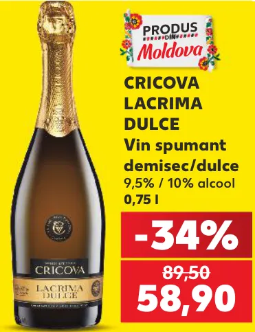 Vin spumant Cricova Lacrima Dulce, 0,75 l