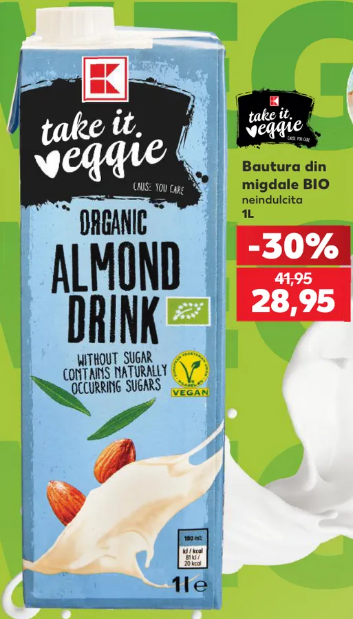 K take it veggie Органический миндальный напиток без подсластителей, 1 L