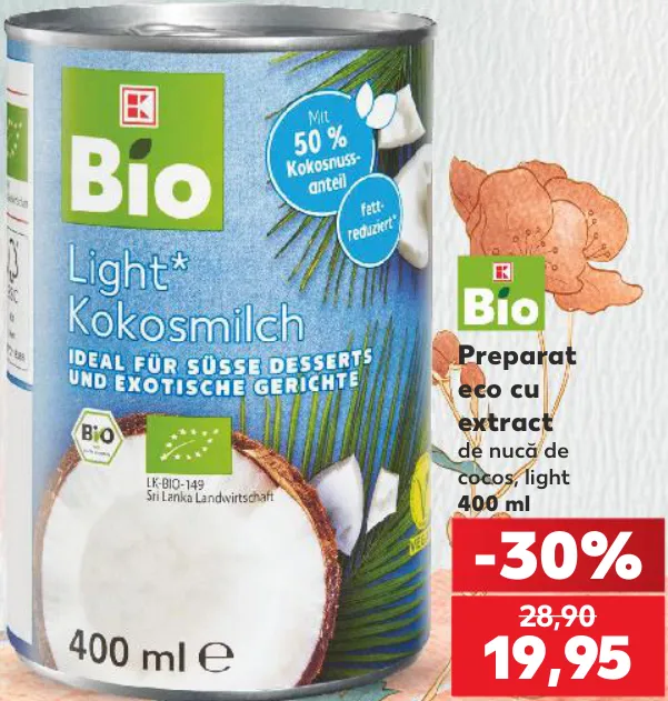 K-Bio Preparat ecologic cu extract de nucă de cocos, light, 400 ml
