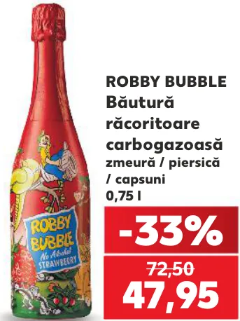 Газированный прохладительный напиток со вкусом малины/персика/клубники Robby Bubble, 0,75 l