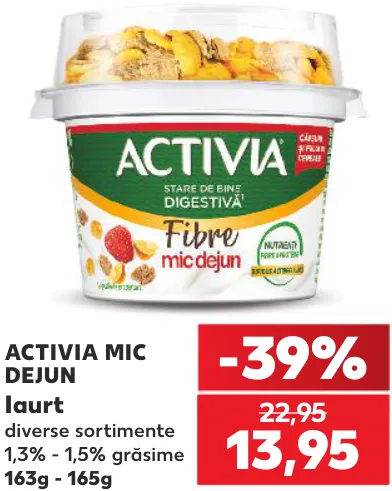 Activia Mic Dejun iaurt, 1,3% - 1,5% grăsime, 163 g - 165 g