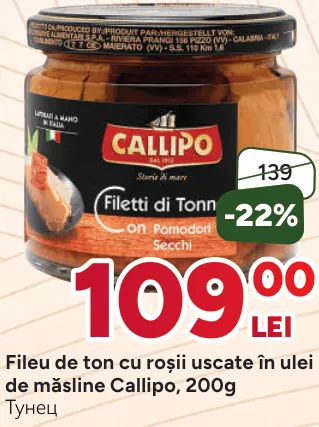 Fileu de ton cu roșii uscate în ulei de măsline Callipo, 200 g