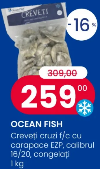 OCEAN FISH Creveți cruzi fără cap, cu carapace EZP, calibrul 16/20, congelați, 1 kg