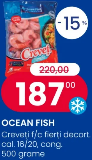 OCEAN FISH Creveți fără cap, fierți, decorticați, calibrul 16/20, congelați, 500 grame