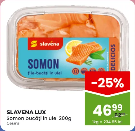 SLAVENA LUX Somon bucăți în ulei, 200 g